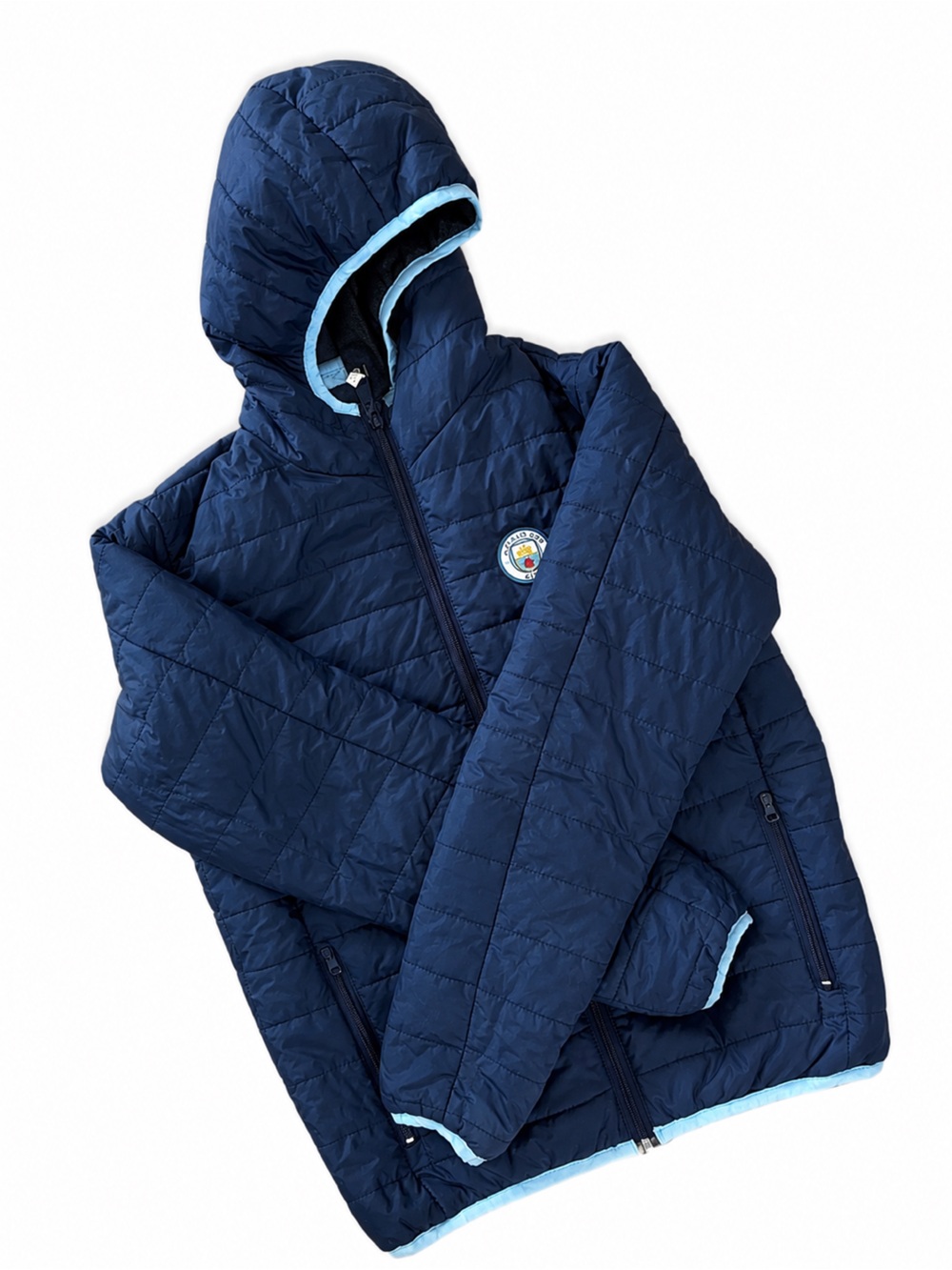 Navy Quilted Hooded Puffer Jacket with Light Blue Trim